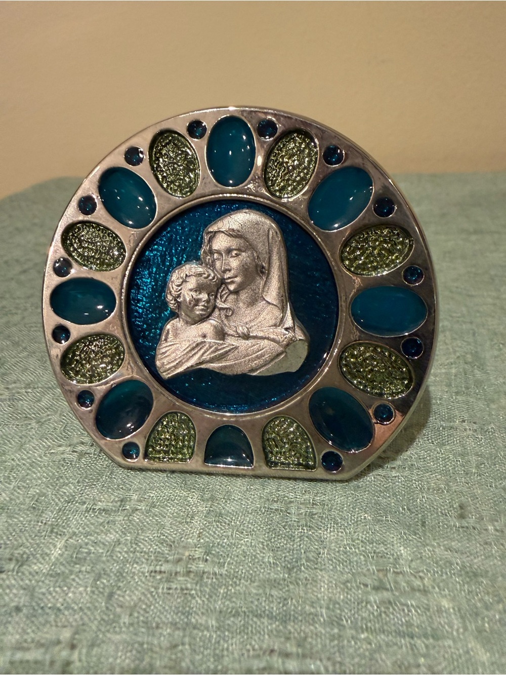 Vintage Italian Madonna & Child Miniature Easel Frame Silver Tone Enamel Jeweled